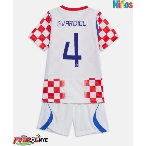 Camiseta Croacia Josko Gvardiol #4 Primera Equipación para niños Mundial 2026 manga corta (+ pantalones cortos)